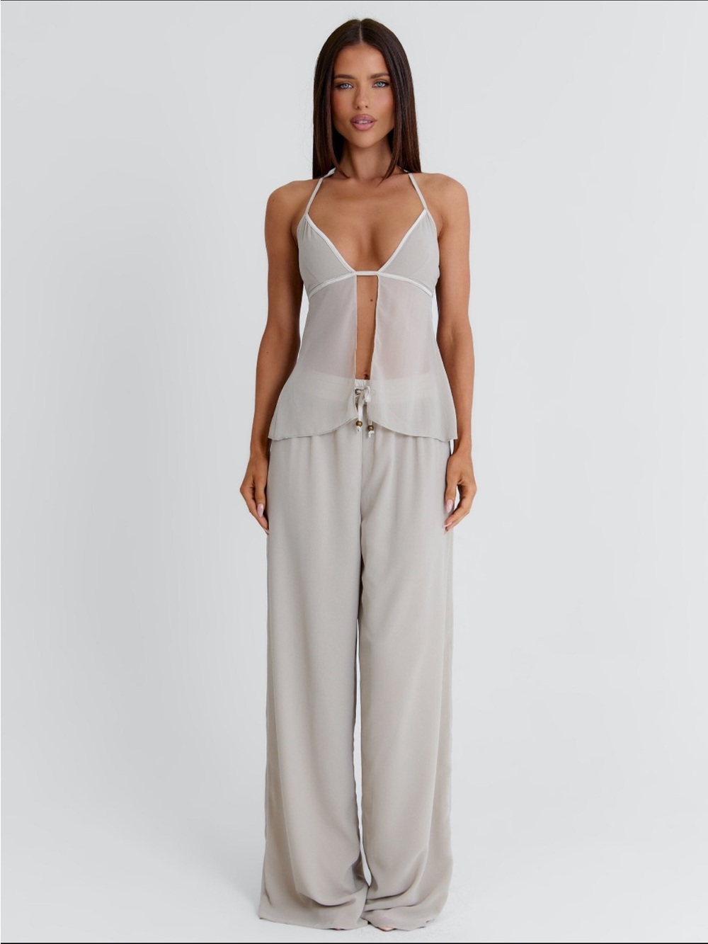 Sheer Plunge Halter Top in Light Gray